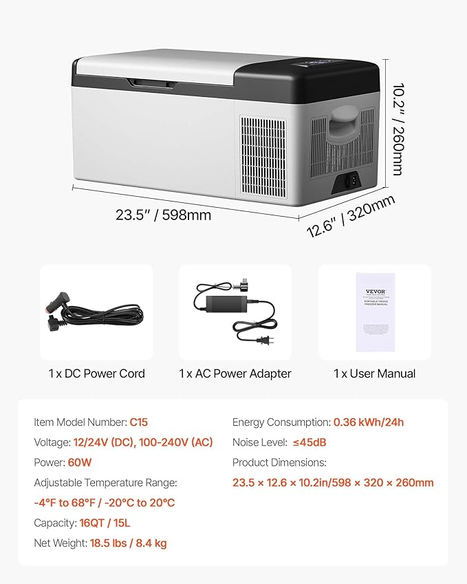 VEVOR 12 Volt Refrigerator 16 Qt, Gre,Portable Mini Car Fridge with -4℉-68℉ Cooling Range & App Control 12/24V DC & 110-240V AC Electric Compressor Cooler for Truck Vehicle RV Boat Outdoor & Home Use