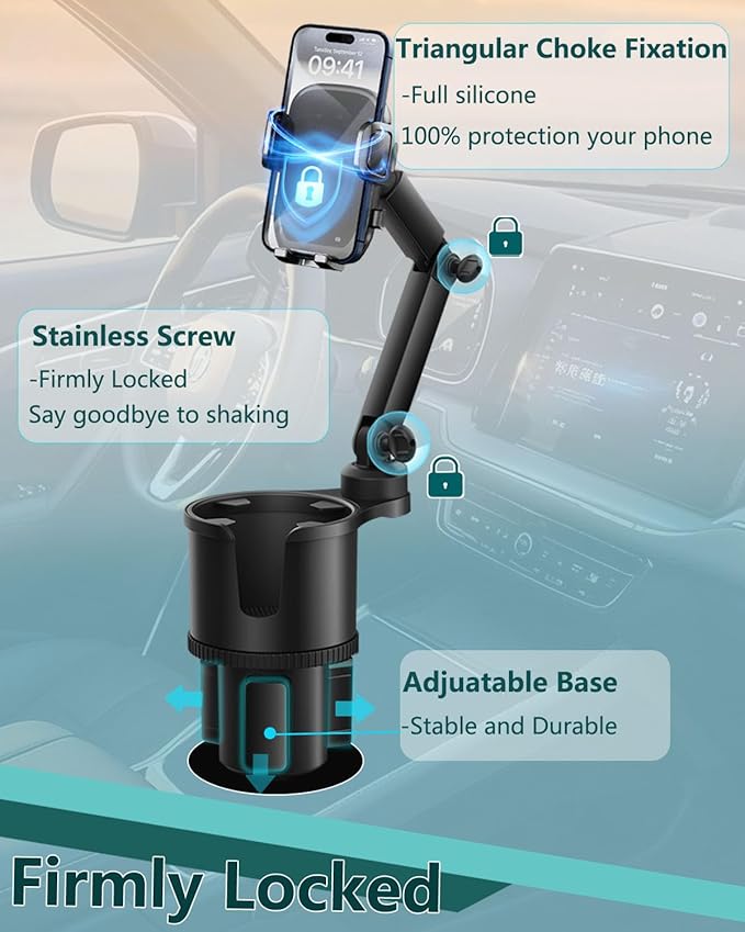 Cup Phone Holder for Car with Expandable Base, 2 in 1 Adjustable Hands Free Cell Phone Holders Car Cupholder Mount, Friendly Fit Large Bottle & iPhone All Cellphone for Truck SUV | No Shake Design