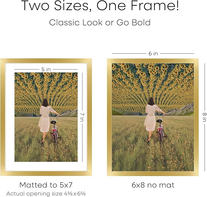 Homeforia 6x8 Picture Frame Gold, High End Metal 6 x 8 Frames with Mat 5 by 7 for Print, Photo Frame 6x8 Gold Matted to 5x7 inches Art, 6by8 Wall or Tabletop Frames, Tempered Glass, Wall Kit, Set of 4