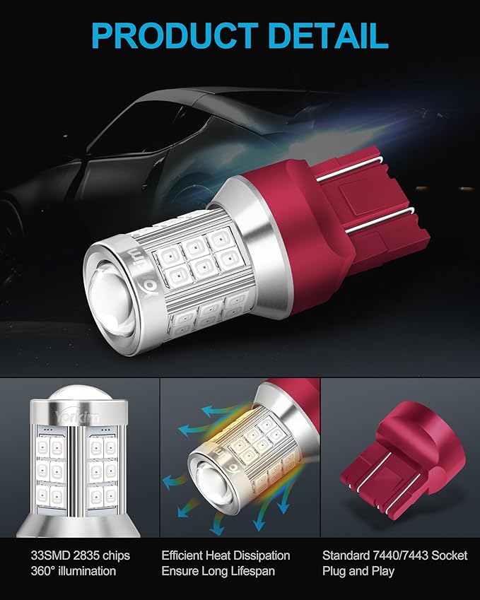 Yorkim 7443 led bulb red, 7440 bulb red 7444na led with Projector Replacement Lamp for Stop Lights Brake、Tail Light, pack of 2