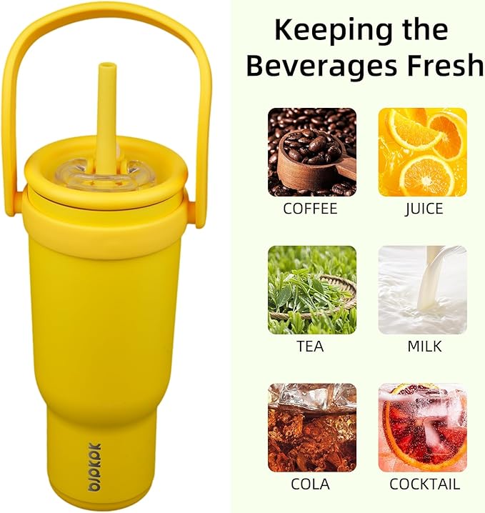 BJPKPK 30 OZ Insulated Travel Tumbler with Handle and Straw, Stainless Steel Water Bottle, Double Wall Vacuum Insulated Mug, for Work, Car, Travel, Yellow