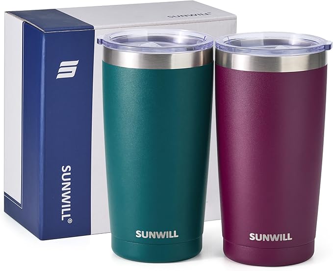 SUNWILL Travel Coffee Mug with Lid, 20 oz Tumbler Set of 2, Insulated Stainless Steel Cup for Drinks, Water, Tea, Powder Coated Forest Green & Plum