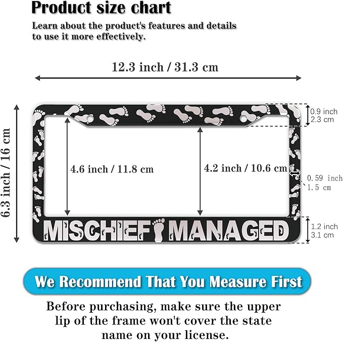 Automotive Exterior Accessories Black and White License Plate Frames Mischief Managed Universal Aluminum Car Accessory 2 Pack with Screw Covers Set