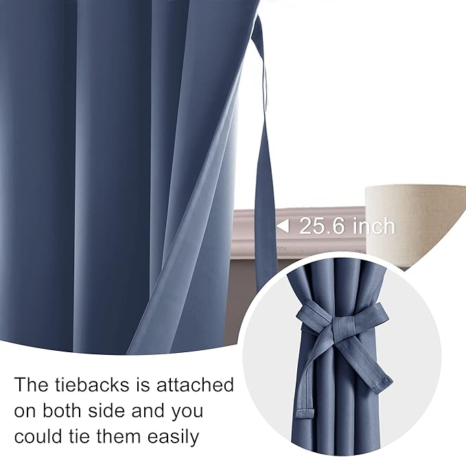 JIUZHEN Blackout Curtains for Bedroom - 70 x 84 Inch Extra Wide Privacy Assured Thermal Insulated Room Darkening Room Divider Curtain Cover for Living Room, Set of 2 Panels with Tiebacks, Dusty Blue