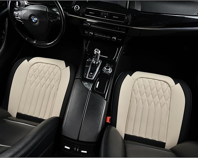 Front Car Seat Bottom Covers 2 Pack, Universal Auto Seat Cushions, Nappa Leather Full Wrapping Edge Compatible with Most of Vehicles - SUVs/Sedans/Pickup Trucks, Black&White