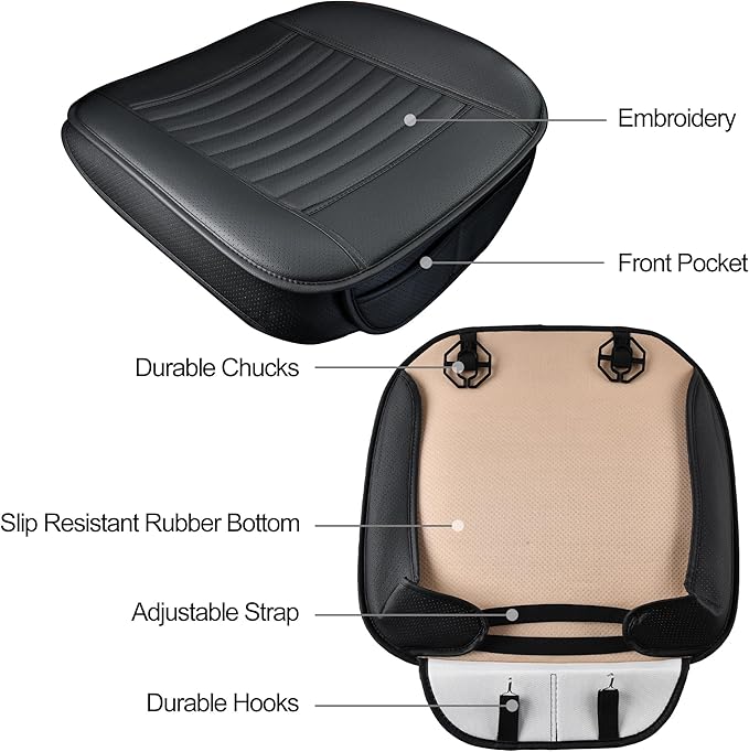 1pc Edge Wrapping Comfortable Car Front Seat Cover Cushion Pad Mat Protector, Anti-Slip Bottom Seat Cushion Cover for Auto with PU Leather(Black)