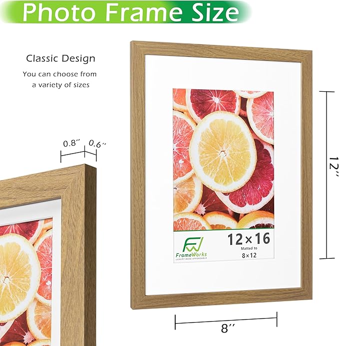 FrameWorks 2-Pack, 12x16 Matted to 8x12 Picture Frame, Golden Oak – Classic Wooden Photo Frame with Tempered Glass, Modern Matte Finish for Prints, Posters, Certificates & Wall Decor – Gallery-Ready