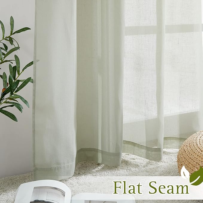 NICETOWN Semi Sheer Sage Green Linen Curtains 63 inch Length, Grommet Rustic Privacy with Light Filtering Flax Sheer Privacy Window Treatments for Loft/Apartment, W36 x L63, 2 Panels