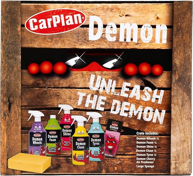 CarPlan Demon Car Wash Kit - 7 Piece Set Includes Car Wash Soap, Wheel Cleaner, Tire Shine, Interior Cleaner, Demon Shine, Air Freshener & Sponge