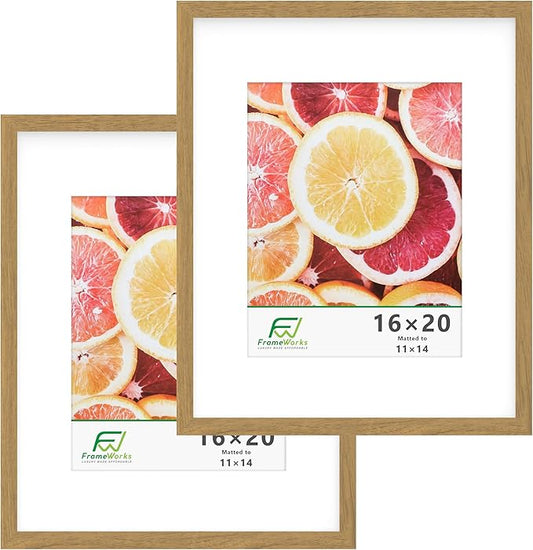 FrameWorks 2-Pack, 16x20 Matted to 11x14 Picture Frame, Golden Oak – Classic Wooden Photo Frame with Tempered Glass, Modern Matte Finish for Prints, Posters, Certificates & Wall Decor – Gallery-Ready