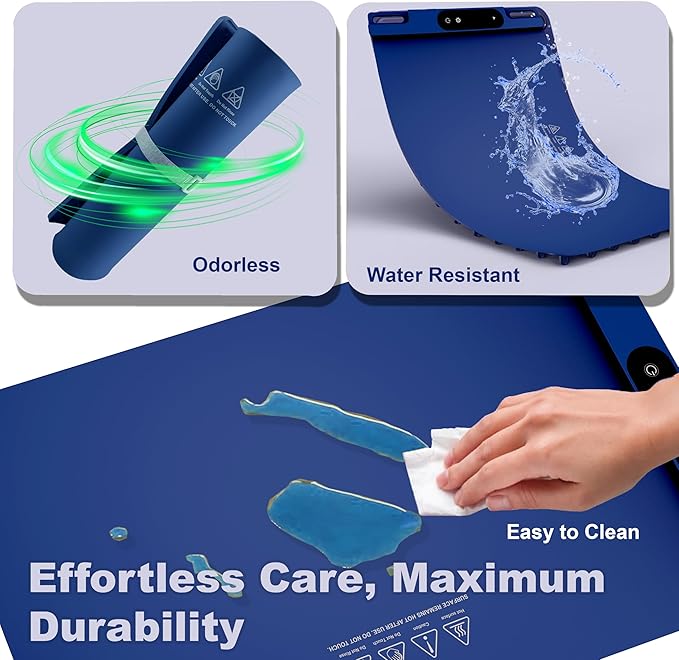 OMEO Food Warming Mat - Electric Warming Tray with 3 Temperature Settings and 1-4 Hours Timer, Full Surface Graphene Food Warmer, Premium Rollable Silicone Heating Mat Food, Gatherings, Parties(Blue)