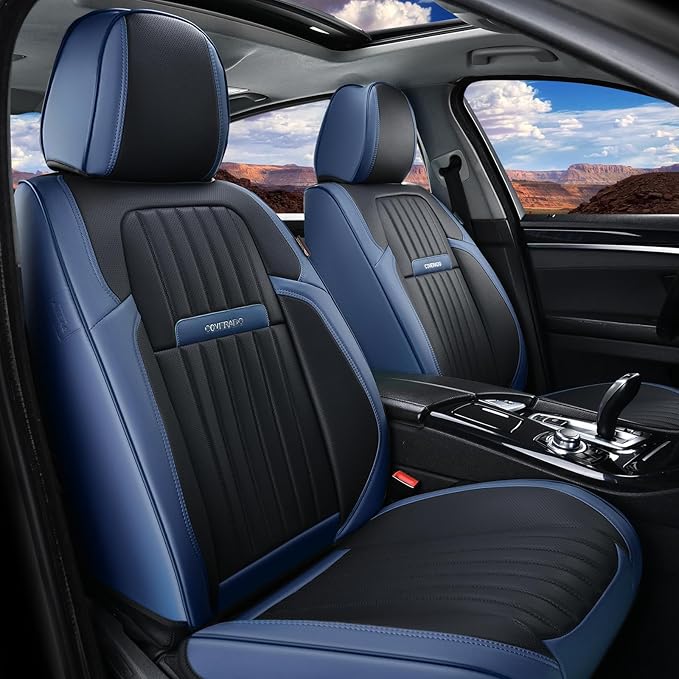 Coverado Car Seat Covers Front, Seat Covers for Cars, Waterproof 2-Pack Car Seat Cushions, Leather Carseat Seat Protectors, Universal Seat Covers Fit for Most Sedans SUV Pick-up Trucks(Blue&Black)