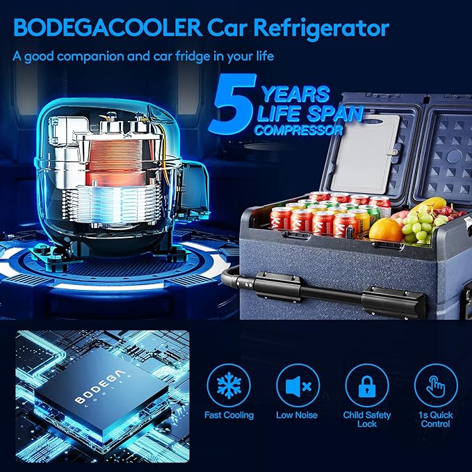 BODEGACOOLER 12 Volt Car Refrigerator,59 Quart (55L)12v Portable refrigerator,Car Fridge Freezer, -4℉-68 Car Cooler 12/24V DC and 100-240V AC for RV, Camping,Travel,Dual Zone With APP Control(2 Doors)