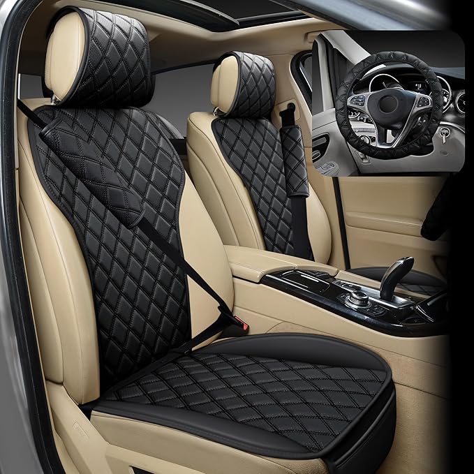 2PCS Leather Car Seat Covers, Front Seat Covers with Steering Wheel Cover and Two Seat Belt Pads, Waterproof Seat Protector for Cars Universal Fit 95% Vehicles (Black)
