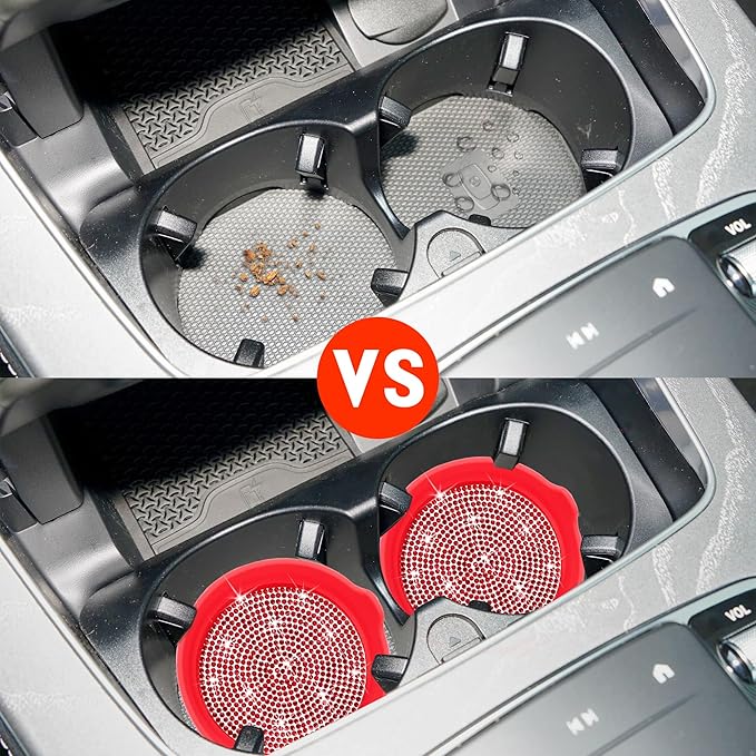 Amooca Car Cup Coaster Universal Non-Slip Cup Holders Bling Crystal Rhinestone Car Interior Accessories 2 Pack Red Whole Rhinestone