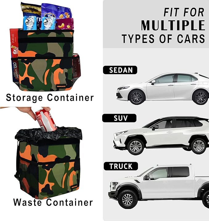 Cute Car Trash Can with Lid – Multipurpose Collapsible Trash Bin for Car, Leak-Proof Organizer, Waterproof Garbage Can with Storage Pockets & Adjustable Straps, 2 Gallons (Camo Orange)
