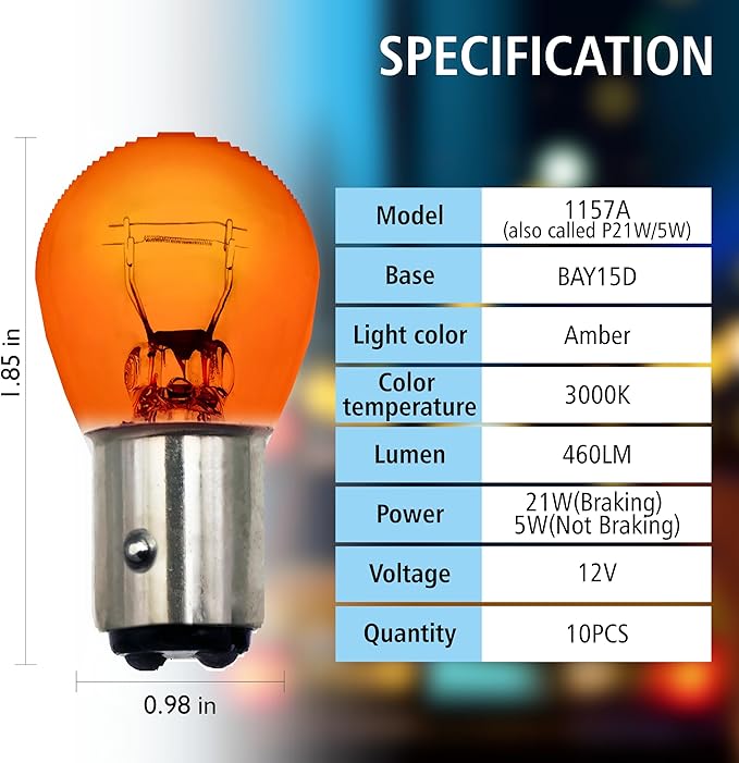 1157 Amber Light Bulb 10 Pack,S25 Automotive Brake Light Turn 1157A Miniature Bulb Mini Bulb Taillight Turn Signal Light,Replacement for Cars,Trucks,SUVs