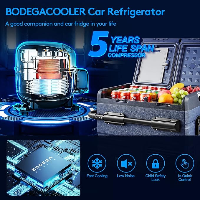 BODEGACOOLER 12V Portable Refrigerator,48 Quart(45L) Car Fridge,RV Car Refrigerator,Portable Fridge Freezer, -4℉-68 Cooler APP Control 12/24V DC and 100-240V AC for Car,Travel(2 Doors)