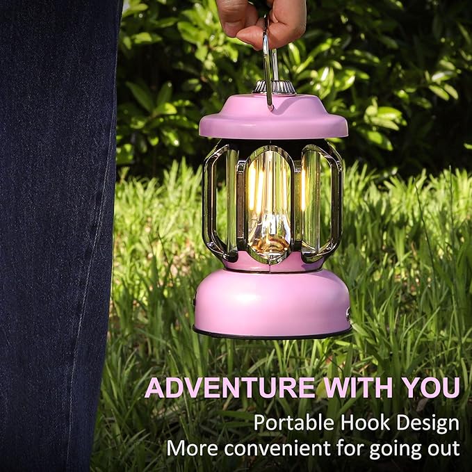 Rechargeable LED Camping Lanterns, Vintage Camping Lights Battery Operated, Portable Retro Metal Glamping Lights for Hiking, Hurricane, Decoration, Power outages, Pink, 2 Pack