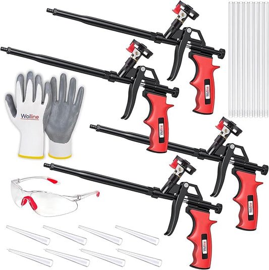 Spray Foam Gun, Wolline (4 Foam Gun + 16 Nozzle) Spray Foam Insulation Gun, Teflon-Coated Professional Expanding Spray Foam Applicator, Foam Dispensing Gun, Insulating Foam Applicator Red - 4 Pack