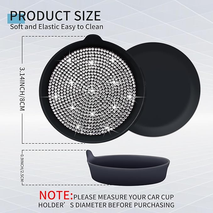 Amooca Car Cup Coaster Universal Non-Slip Cup Holders Bling Crystal Rhinestone Car Interior Accessories 2 Pack Black Whole Rhinestone