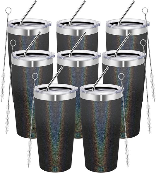 MEWAY 20oz Tumbler 8 Pack Double Wall Vacuum Insulated Travel Glitter Mug Bulk, Stainless Steel Tumblers with Lid and Straw, Powder Coated Coffee Cups for Woman(Gradient Black or Navy,Set of 8)
