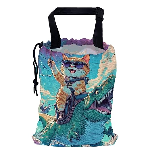 Funny Cat Riding Dinosaur Car Trash Bag,Cat Wear Sunglasses Holding Fork Strap Drawstring Car Garbage Bags,Car Back Seat Organizer with Adjustable Buckle for Car Accessories
