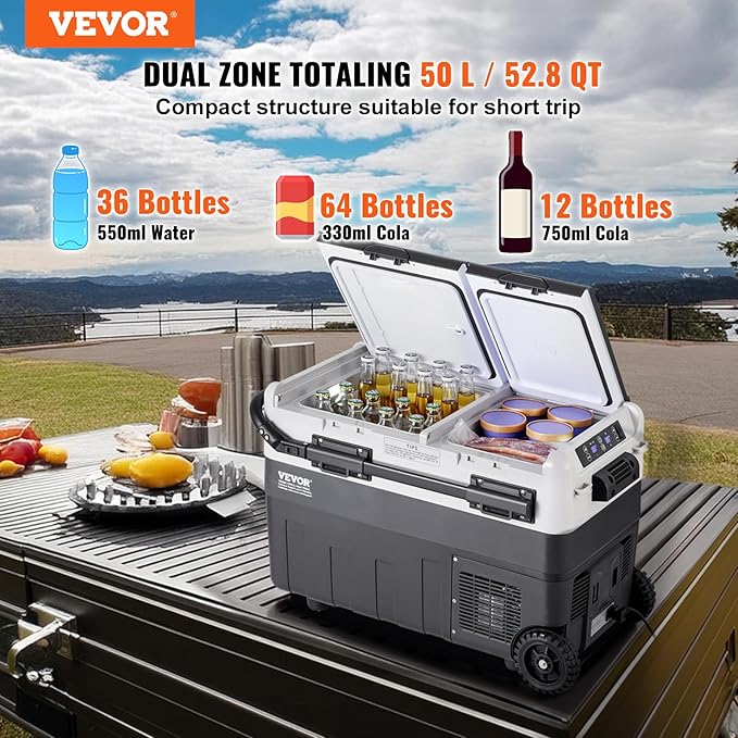 VEVOR Portable Car Refrigerator, 12 Volt Car Refrigerator Fridge, 50Liter(52.8qt) Dual Zone Portable Freezer, -4℉-68℉ Adjustable Temperature, Compressor Cooler for Home, Outdoor, Camping, RV, Car