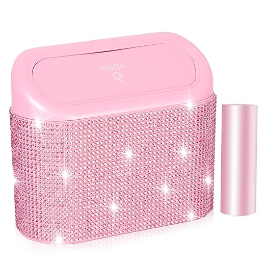 NBTEPEM Bling Pink Car Trash Can with Lid, Mini Auto Garbage Can with 30 Trash Bags, Automotive Garbage Container Bin, Bling Car Accessories Trash Can for Women (Pink Diamond)