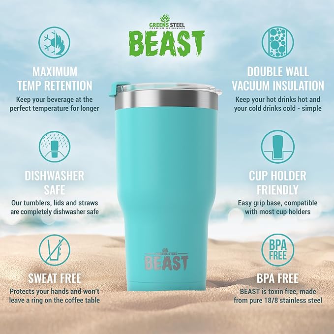 Beast 30 oz Tumbler Stainless Steel Vacuum Insulated Coffee Ice Cup Double Wall Travel Flask (Aquamarine Blue)