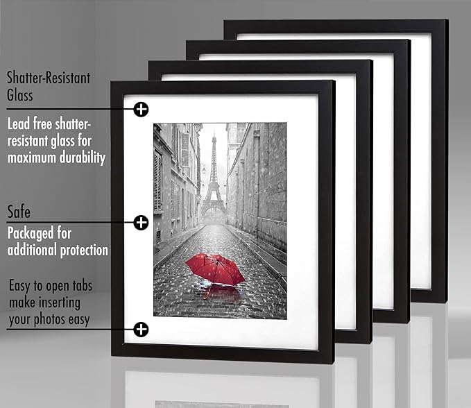 Americanflat 9x12 Picture Frame with Shatter-Resistant Glass - Set of 4 - Use as 6x8 Frame with Mat or Display 9x12 Photo Without Mat - Signature Collection - Photo Frames for Tabletop or Wall - Black