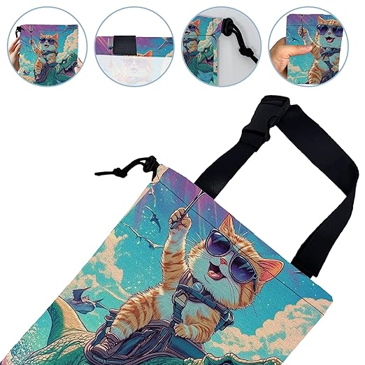 Funny Cat Riding Dinosaur Car Trash Bag,Cat Wear Sunglasses Holding Fork Strap Drawstring Car Garbage Bags,Car Back Seat Organizer with Adjustable Buckle for Car Accessories