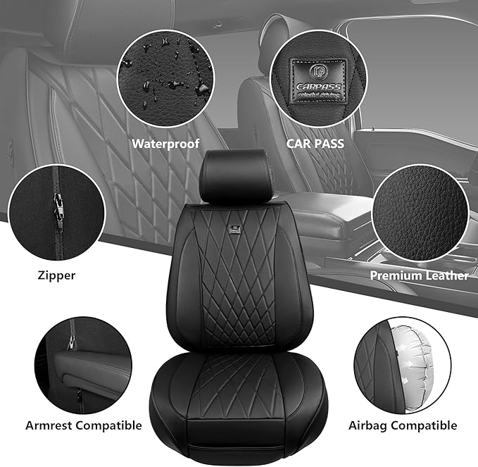 CAR PASS Leather Seat Covers Full Set, Luxury Seat Protector for Cars, Waterproof PU 5-Seat Car Seat Covers Universal for SUV Sedan Truck, Airbag Compatible & Anti-Slip, Solid Black
