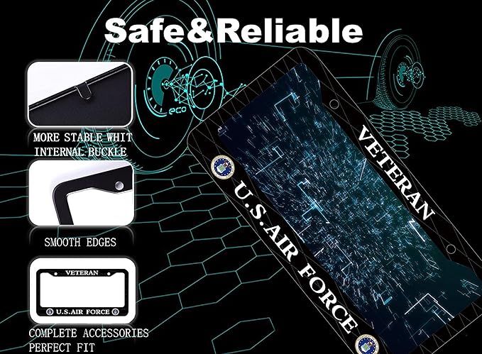2 Pack Veteran US Air Force Design License Plate Frame USAF Decorative Stainless Steel Car License Plate Cover for Men Women Boys Girls Fans 12 X 6 Inch