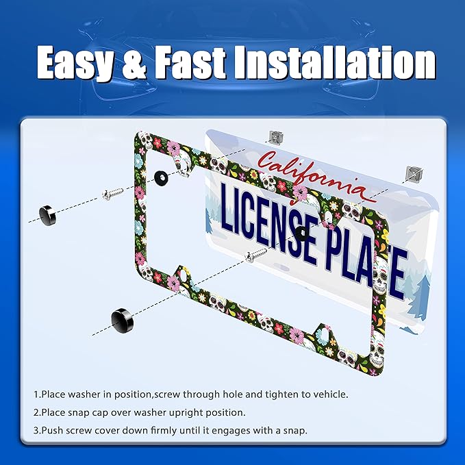 Sugar Skull License Plate Frame Skull and Flowers License Plate Stainless Steel Auto Parts Funny License Plate Decorative with Screws Size 12.3" x 6.3" for Women Men