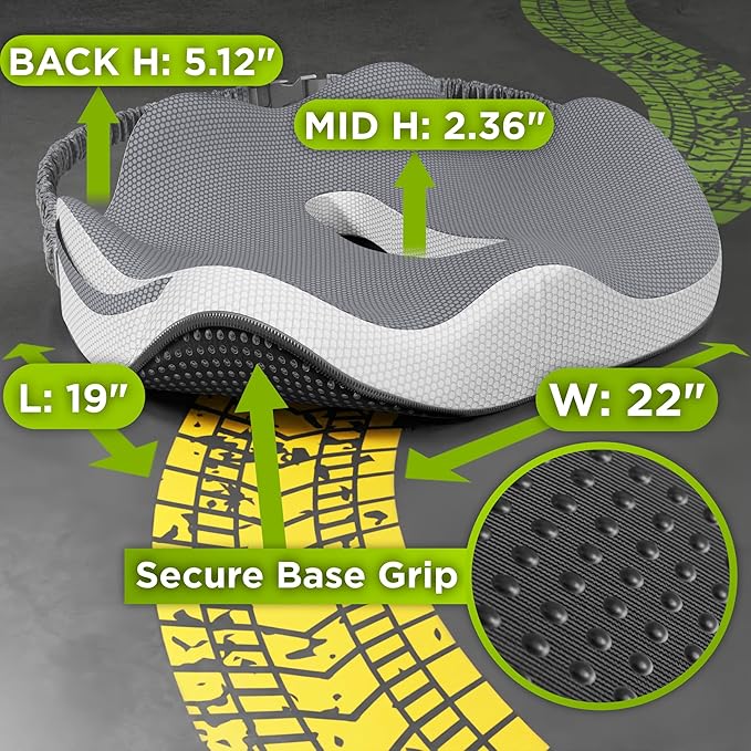 XL Truck Seat Cushion for Truck Driver Seat Cushion - Upgraded Back Support, CertiPUR-USยฎ Certified - Thick Memory Foam, Pain Relief for Hours of Driving, Trucker Approved Big Rig - Gray