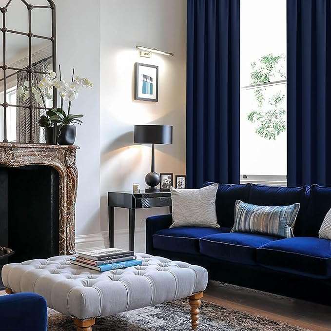 JIUZHEN Blackout Curtains for Bedroom - Thermal Insulated Room Darkening Noise Reducing, 52 x 63 Inch Length Curtains for Living Room, Set of 2 Panels with Tiebacks, Navy Blue