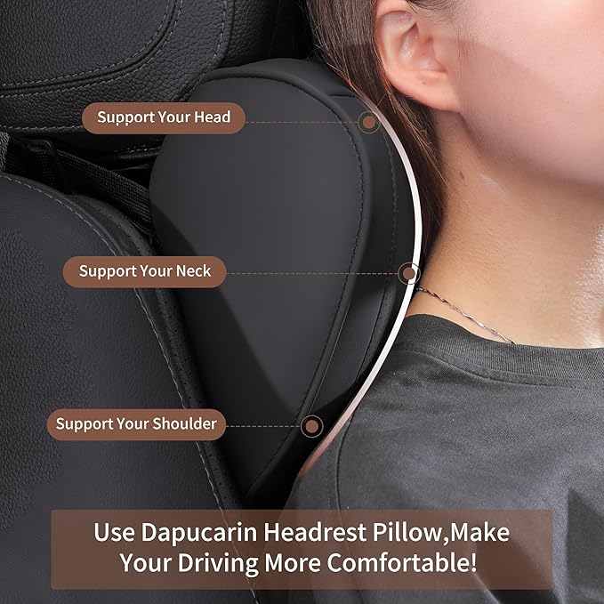 Car Headrest Pillow 100% Memory Foam, Breathable Removable Leather Cover, Premium Seat Support Head Neck Cushion for Driving Travel Home Office, Black, 2 Pack