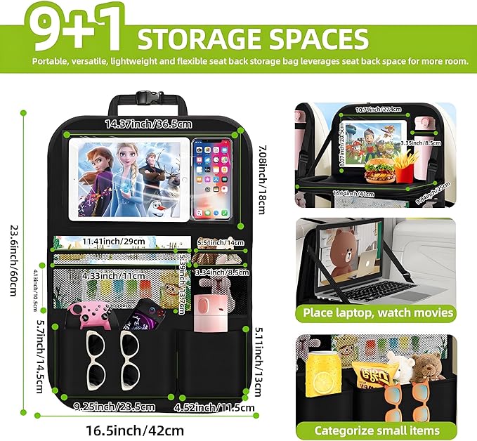 2PC Backseat Car Organizers with Foldable Tablet Holder &Touch Screen Tablet Holder -9+1 Storage Pockets Waterproof Kick Mats Back Seat Protector Car Organizers Road Trip Essentials