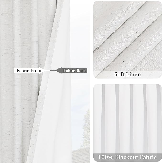 UHITECH 100% Blackout Curtains for Bedroom 84 Inches Length 2 Panels Set White Curtain Textured Linen Black Out for Living Room Window Back Tab Linen Drapes