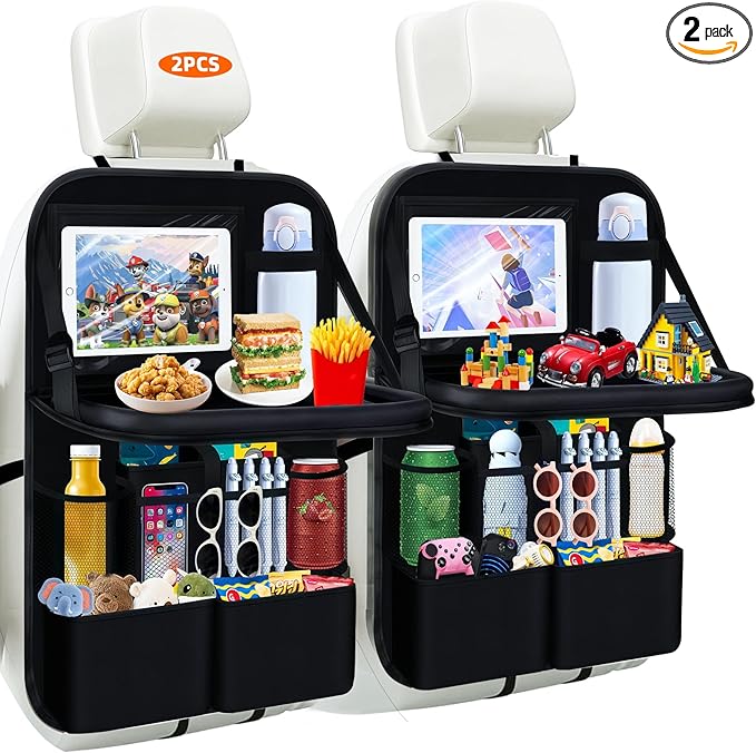 2 Pc Car Backseat Organizer with Foldable Food Tray,11+2 Storage Pockets with Tablet Holder &Cup Holder,Waterproof Kick Mats Backseat Protector Multipurpose Car Organizers Road Trip Essentials Gifts