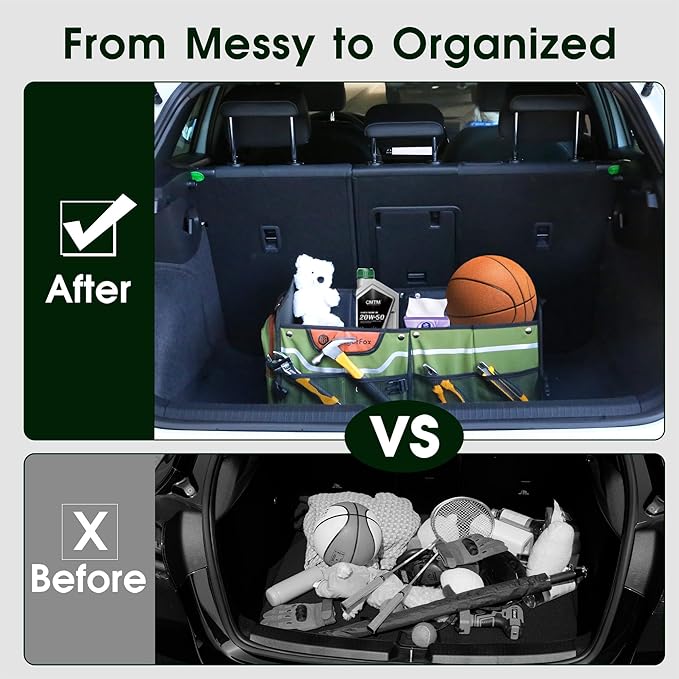 Foldable Waterproof Car Organizer with Non-Slip Traction Rope, 23.2”x13.8”x11.8” Heavy-Duty Trunk Organizer for SUV, Car Essentials List, Portable Vehicle Organizer,GREEN-M003