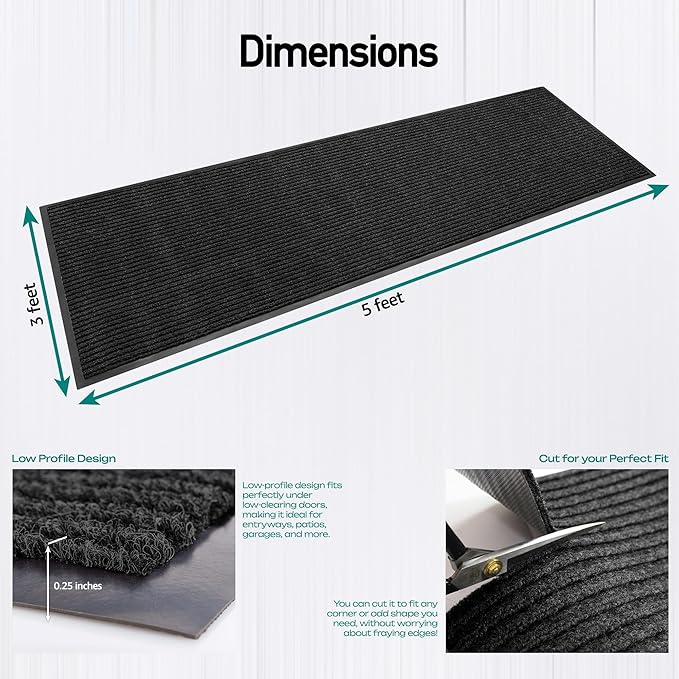 MaxMat® Extra Large Commercial Floor Mat, 3 x 5 Feet Heavy Duty, Waterproof, Low-Profile, Easy to Clean, Rubber Entry Mat (RIB0035BL, Black)