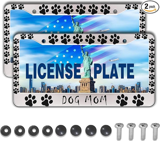Fun License Plate Frame Cover Black and White License Plate Frames Dog Mom Dog Lover Aluminum Metal Car Accessory 2 Pack with Screw Covers Set