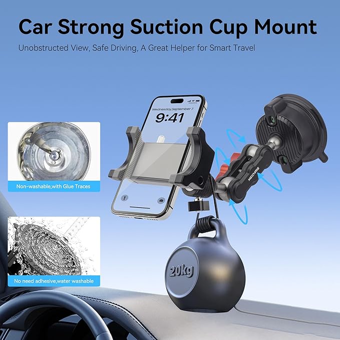 Suction Cup Car Phone Mount, 360°Rotating Car Phone Holder Video Recording, Universal Ball Head Arm for Cellphone Car Holder, Heavy Duty Car Phone Mount for Dashboard, Windshield-SJ003 (Extended)