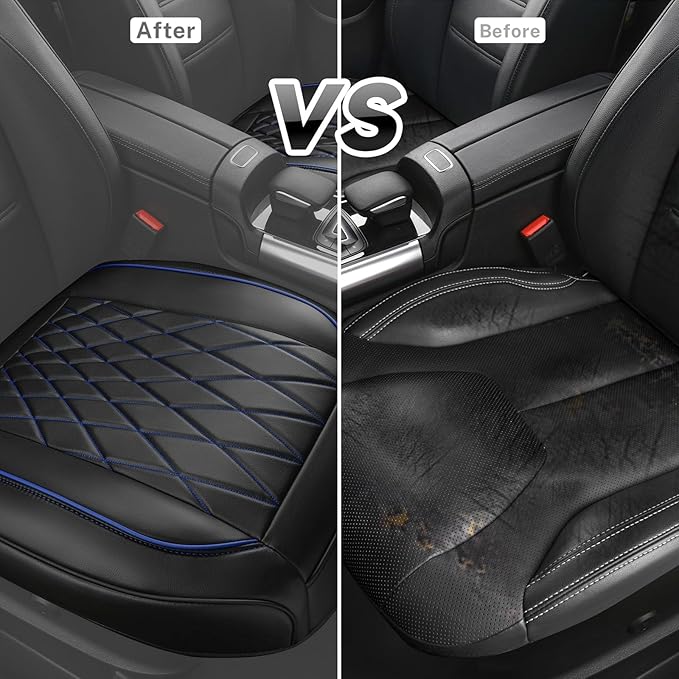 CAR PASS 1 Pack Leather Front Car Seat Cover, Bottom Seat Cover Full Wrapped with Storage Pocket, Anti-Slip Leather Seat Protector,Waterproof Seat Cushion Pad Universal Fit Sedan SUV Truck, Black Blue