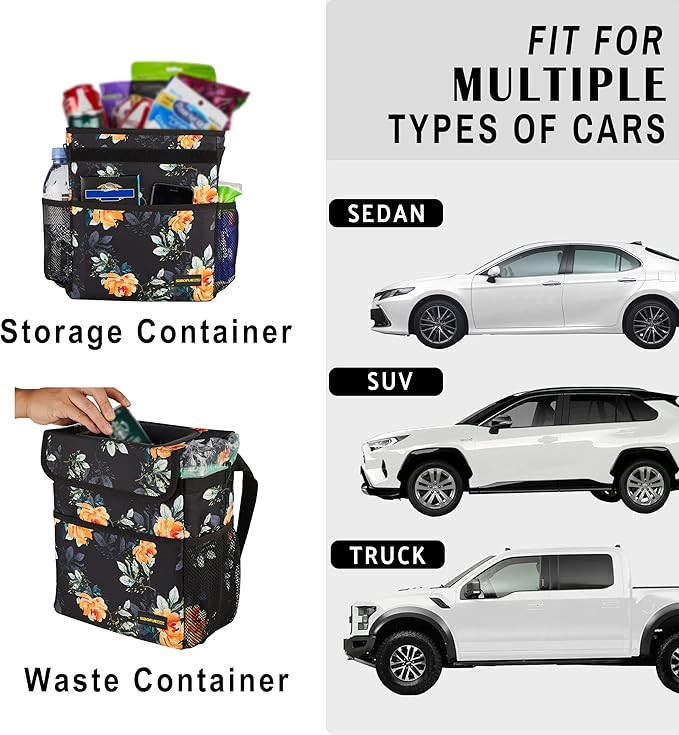 Cute Car Trash Can with Lid – Multipurpose Collapsible Trash Bin for Car, Leak-Proof Organizer, Waterproof Garbage Can with Storage Pockets & Adjustable Straps, 2 Gallons (Flower)