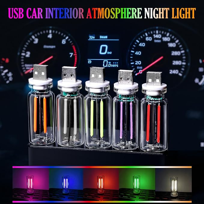 2PCS Car USB Night Light Touch Dimmable LED Filament Lamp, USB Plug-in Mini Glass Bottle Night Light DIY Mood Lamp Atmosphere Lights for Automotive Vehicle Bedroom Hallway Camping Decoration, Green