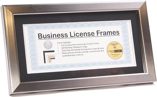 Stainless Steel Business License Frame for Professionals Holds 3.5 by 8.5 with Black Mat Includes Self Standing Easel