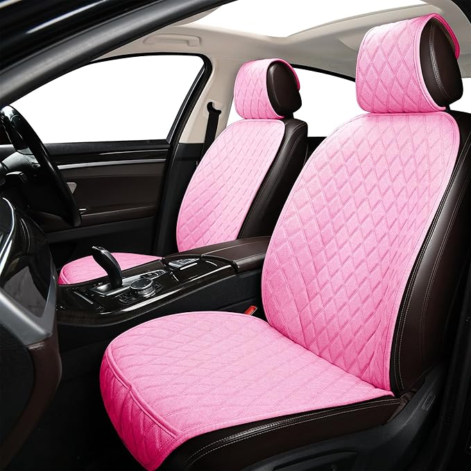 2PCS Linen Front Seat Covers for Cars Sideless Seat Covers Breathable Cloth Fabric Car Seat Protector Universal Fit Most Automotive, SUV, Trucks, Van(Pink)